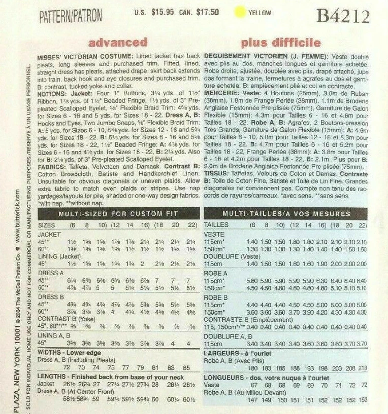PATRÓN para vestido victoriano Butterick 4212 estilo Titanic talla 6-16 traje eduardiano Foto 2 de 3