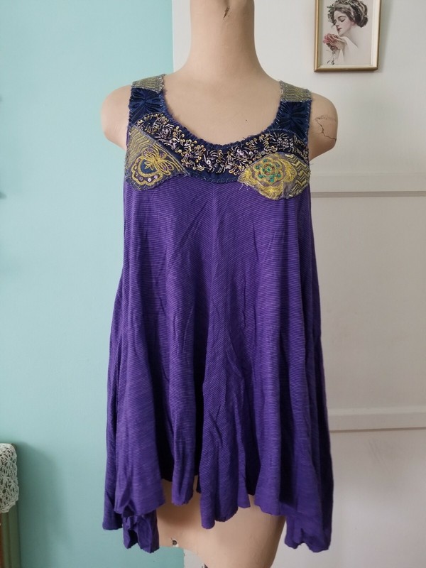 Free People Purple Striped Beaded Blouse Sz S