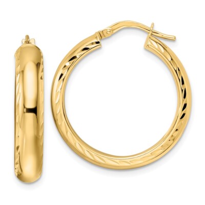 Real 14kt Yellow Gold Polished & Diamond Cut Hoop Earrings