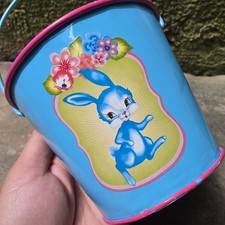 1950s Tin Lithograph Anthropomorphic Blue Bunny Childs Easter Bucket Pail