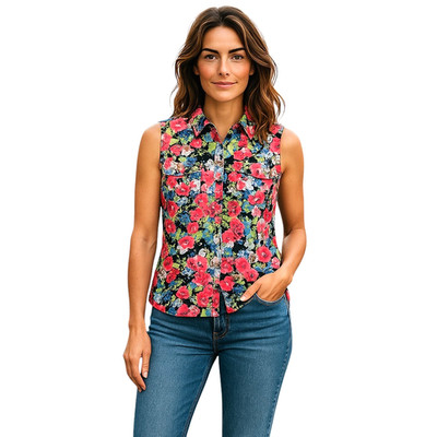 Notations sleeveless button up blouse Women L/multi-color floral/dual pockets