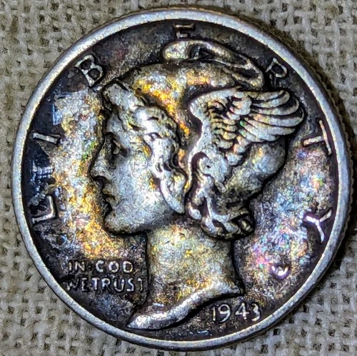 1943 D Mercury Dime XF : Extra Fine, Rainbow Tone, Denver Mint - .9 Fine Silver