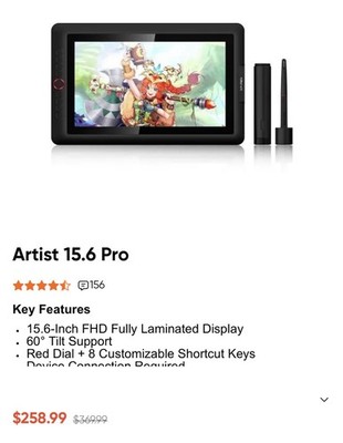 XP-Pen Artist 15.6 Pro Graphics Tablet 15.6-Inch with Pen & Accessories