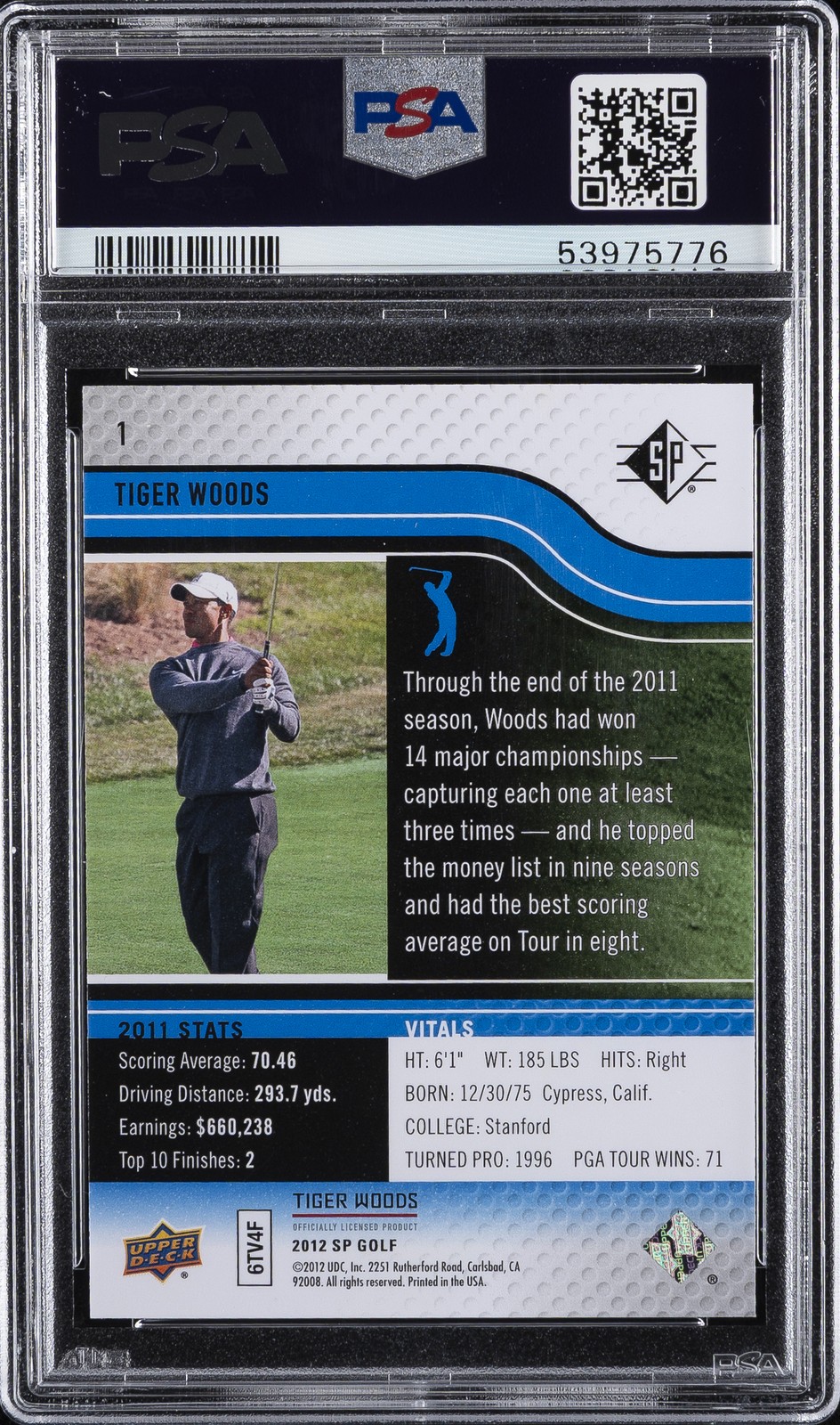2012 SP AUTH GOLF RETAIL SAPPHIRE #1 TIGER WOODS PSA 10 view 2