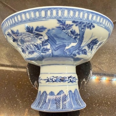 SET OF  3 Vintage Blue and White Chinese? Footed Pedestal Bowls