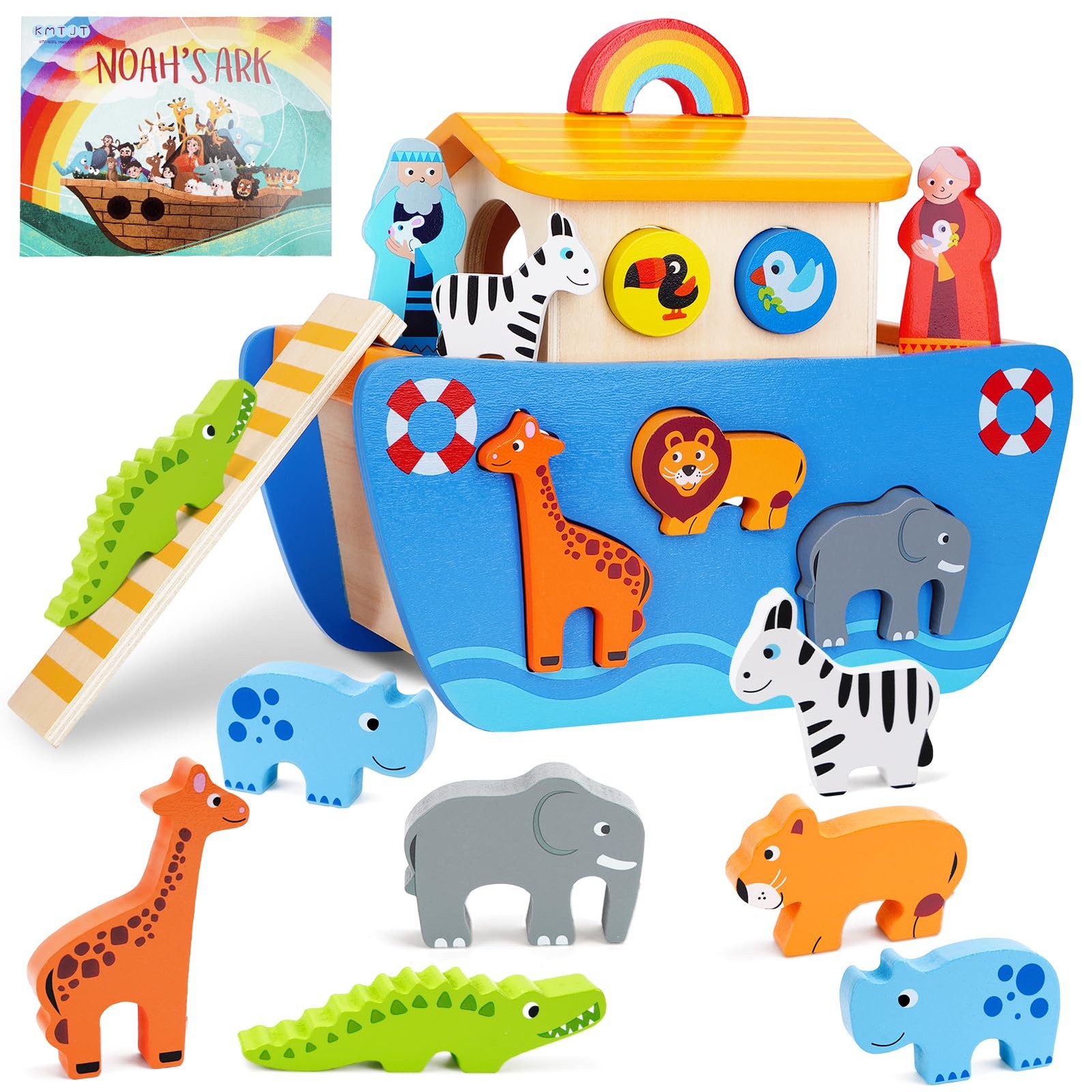 Toddlers Wooden Noah's Ark Toy Animal Playset, Baptism Gifts for 1 2 3 Boys G...