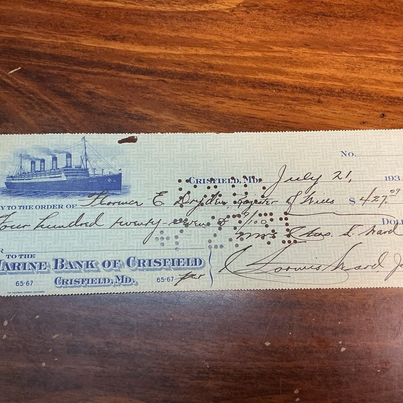 Vintage Marine Bank Of Crisfield Md. 1931