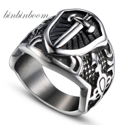 SWORD SHIELD CRUSADES RING, STAINLESS STEEL, SILVER, SOLID BACK, SIZE 7-13