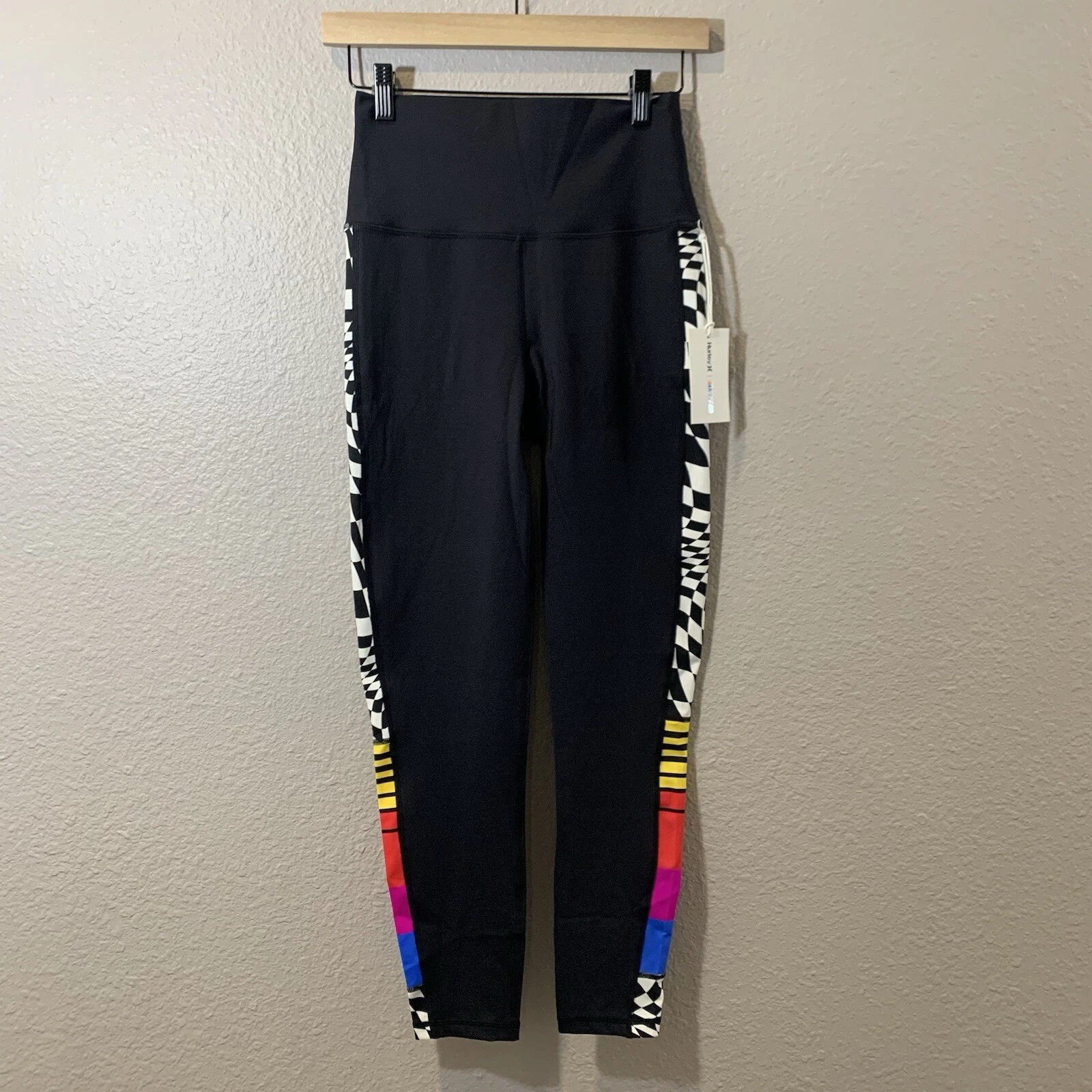 NWT Hurley NASCAR Women’s Black Rainbow Athletic Leggings Medium Car Racing