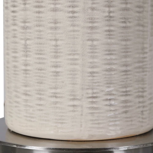 Elegant Beige Gray Tapered Ceramic Table Lamp Tall Round Silver Ribbed Pattern - Picture 5 of 8