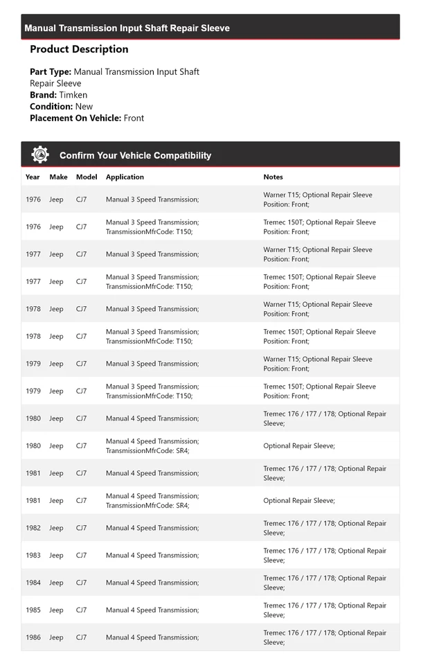 Manguito de reparación de eje de entrada de transmisión manual Timken 1977 para Jeep CJ7 1976-1986 Foto 2 de 4