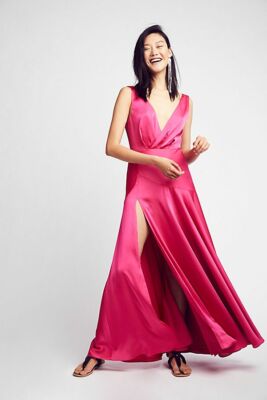 essie maxi dress NEW FREE PEOPLE x FAME & PARTNERS $279 HOT PINK ESSIE HIGH SLIT MAXI DRESS  SZ 6