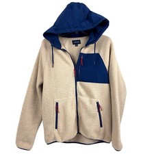 J Crew Mens Jacket Sherpa hooded Beige Navy Full Zip Small K4296 148 fleece EUC