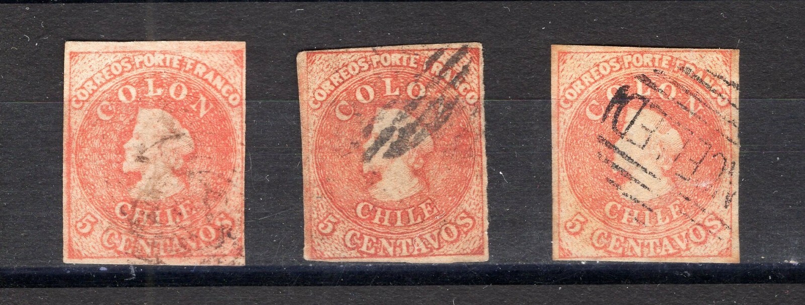 CHILE Sc.9 1856 Estanco 5 cts 4 margins 3 examples L2