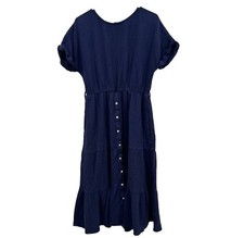 Magaschoni Blue Cotton Dress Sz M Gauze Organic Midi Full Coastal Boho Tiered