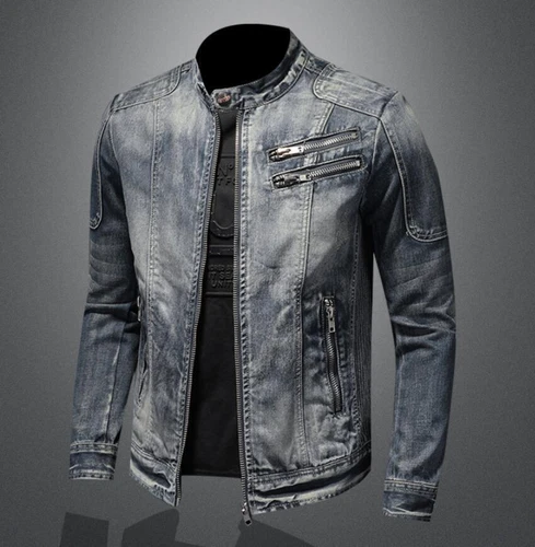 Herren blau Denim Jeansjacke Reißverschlussband Kragen Motorradmantel Reißverschlusstasche - Bild 2 von 11