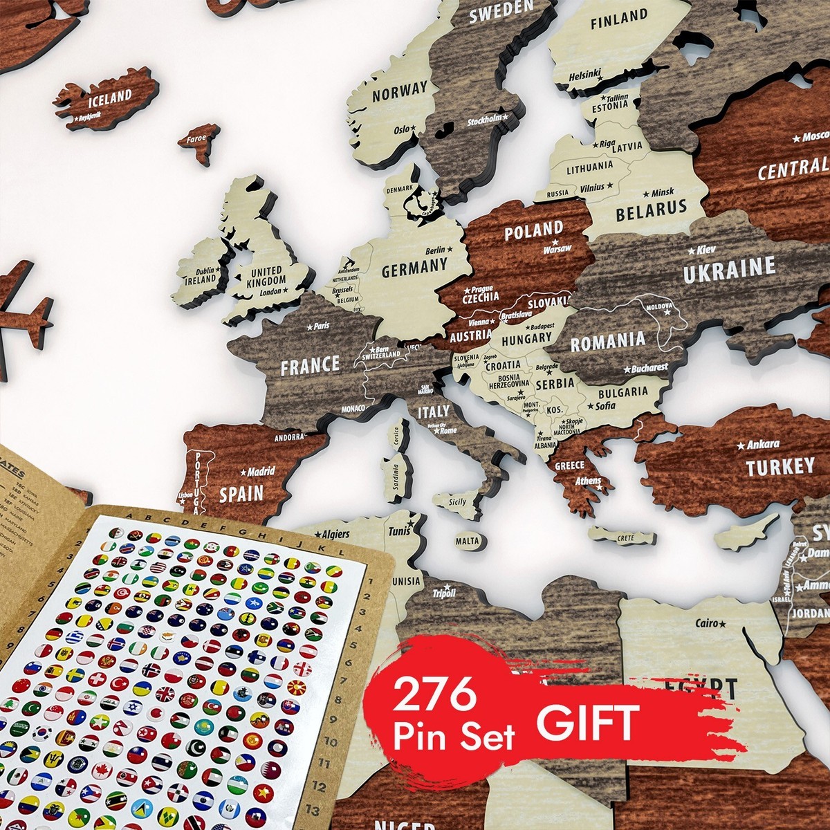 3D Wooden World Map, Multilayered Travel Map with States and