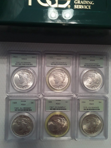 Peace Dollars PCGS Partial Date Set (6) OGH 1922-1934 MS63-MS64 AWESOME! HTF
