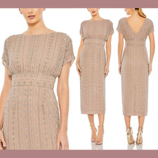 NWT 498 Mac Duggal  6  Beaded Cap Sleeve Column Midi Dress Dark Mocha G1805