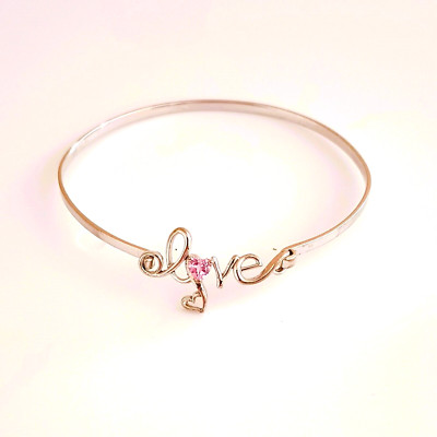 LA 925 Tension Bangle Bracelet 7'' Sterling Silver Pink Topaz Heart Love  Jewelry