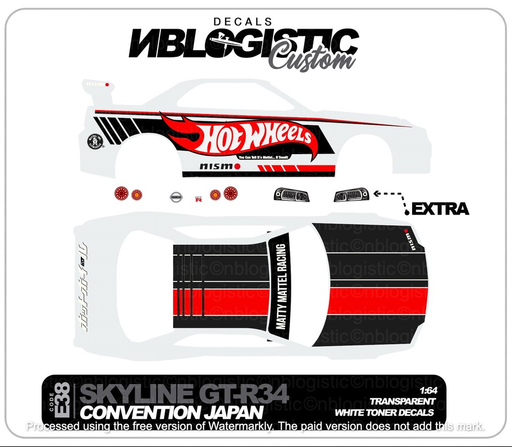 1/64 Scale SKYLINE R34 Custom Universal WaterSlide Decal for Hot Wheels 0a1