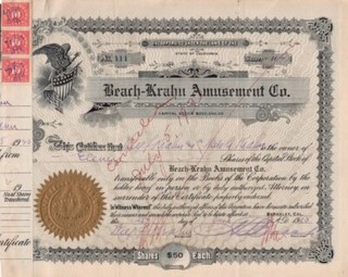 Beach Krahn Amusement Co. Original Stock Certificate 1923 #111