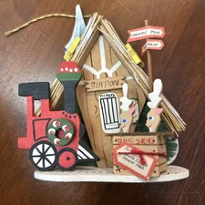 Vintage Emgee Hawaiin Ornament Train Station North Pole Reindeer Wood Christmas
