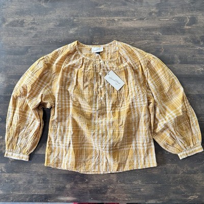 Universal Thread Mustard Plaid Popover Blouse Womens M NWT Half Button