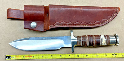 VINTAGE HACKMAN FINLAND VIETNAM ERA SURVIVAL FIGHTING KNIFE LEATHER SHEATH #A809