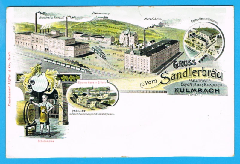 Litho Kulmbach ca. 1900 "Gruss vom Sandlerbräu" Reklame Werbung Brauerei - Bild 1 von 2