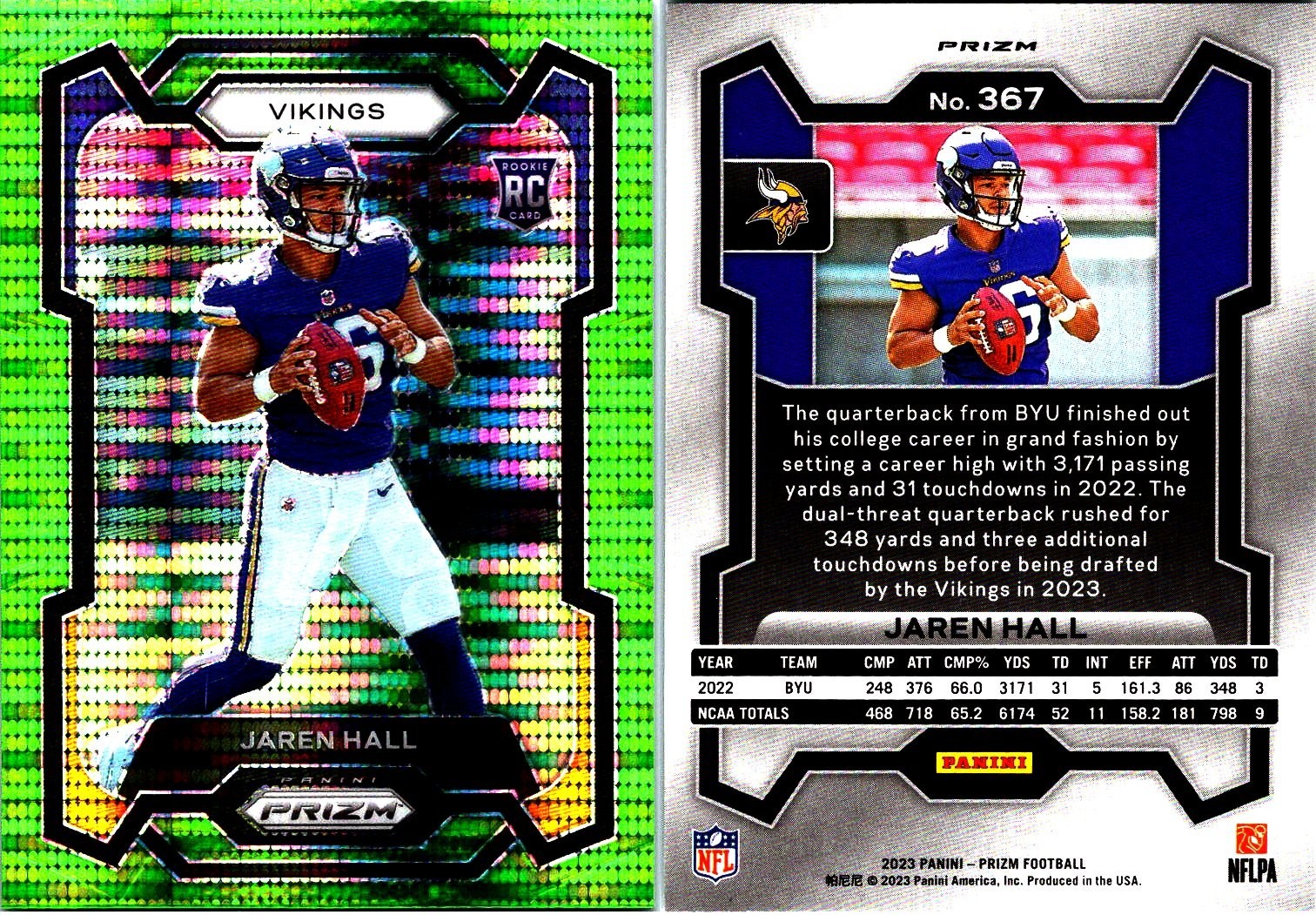 2023 Panini Prizm Neon Green Pulsar RC #367 Jaren Hall Minnesota Vikings Rookie