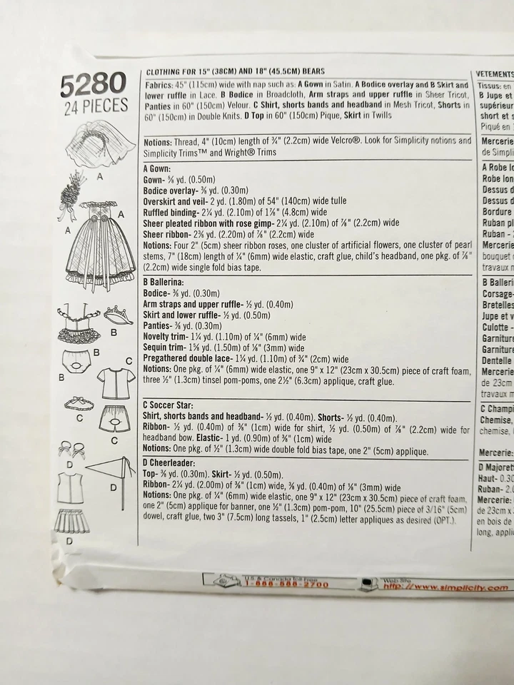 5280 Simplicity Sewing Pattern Sew-A-Bear 15" 18" Clothing. Uncut - Image 2 of 3