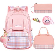 Psecoll 6Pcs Kawaii Backpack Set, Pink Bookbag Plaid Laptop Bag Water-Resista...