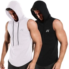 2X Men's Tank Top Sports Shirt with Hoodie Sleeveless Muscle Shirts Gym Fitness