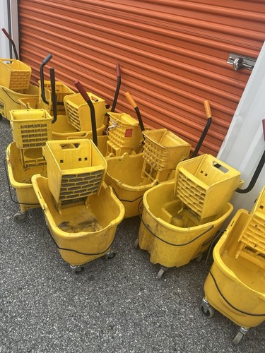 Yellow Plastic Mop Bucket with Side-Press Wringer & Wheels Rolling Bucket