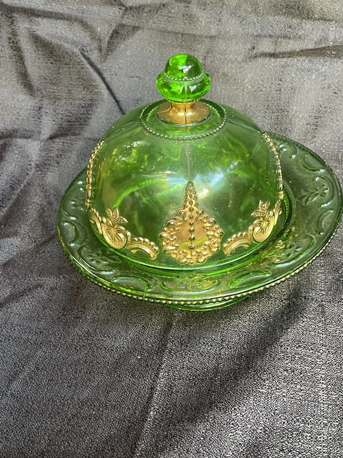 antique green glass gold trim round butter dish