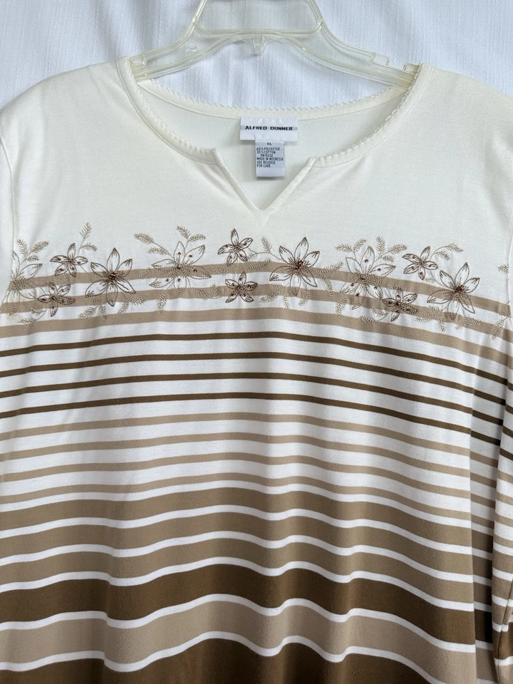 Camisa informal Alfred Dunner para mujer bordada marrón-beige a rayas manga corta XL Foto 3 de 4