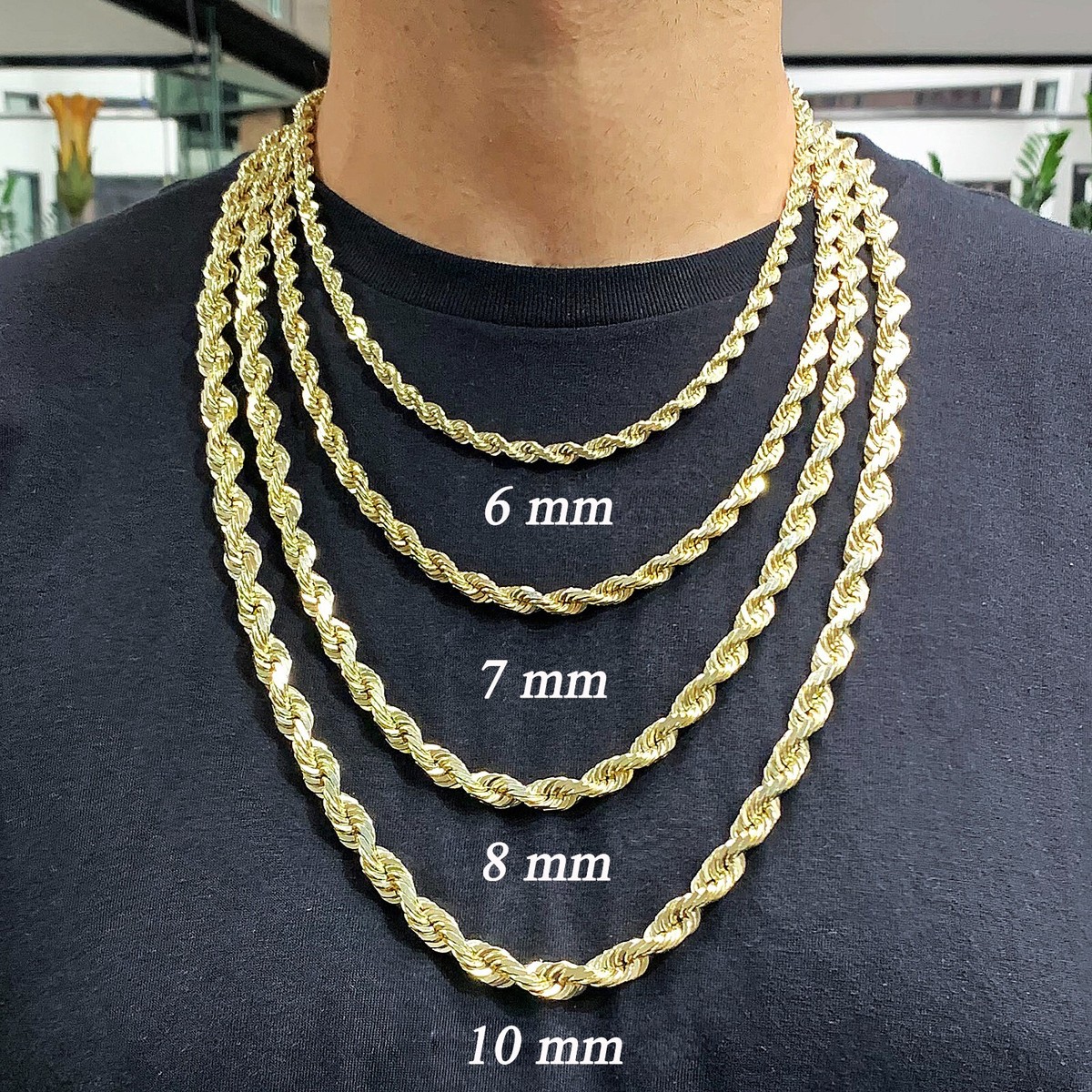 7mm Gold Rope Chain 14k Yellow Gold Solid Diamond Cut Rope Chain
