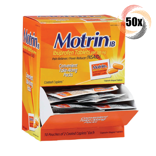 Full Box 50x Packets Motrin Ibuprofen Pain Reliever ( 2 Tablets Per ...