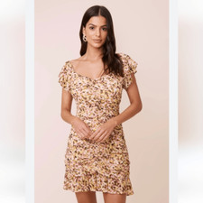 ASTR The Label Shirred Flutter Floral Yellow Chiffon Mini Dress Size Medium