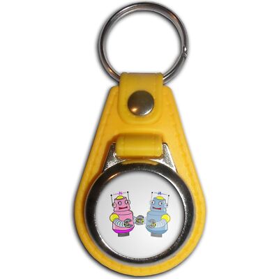 Schlüsselanhänger weiß Roboter Paar Kunststoff Medaillon (61 mm x 38 mm)