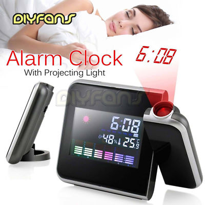 Digital Weather Temperatur Humidity Wall Projector Snooze Alarm Clock LED Laser