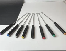 8 Stainless Steel Fondue Forks Multi Colored Ends Vintage Set Black Or Wood