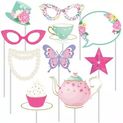 Floral Tea Party Photo Booth Props 10 Pack Girls Birthday Party Decorations - Picture 1 of 3