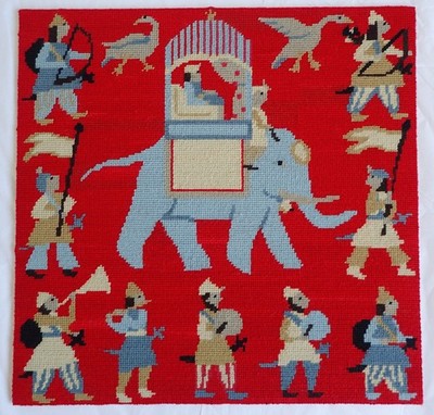 Fertiggestellter Vintage Ehrman roter Elefant Wandteppich - auf Trägerbrett geklebt
