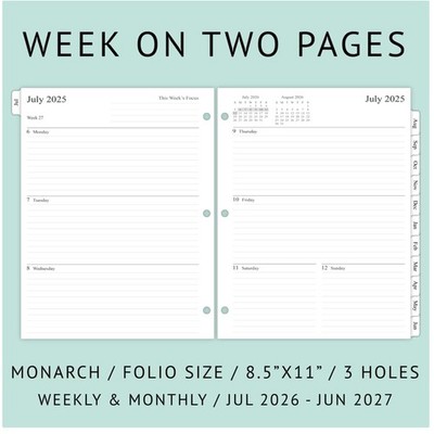 Monthly Tab Planner Refills 2026-2027, Folio Size 5, Monarch