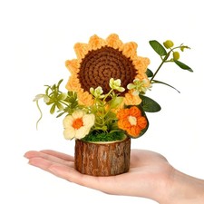 Adorable Crochet Flowers Bouquet, Handcrafted Knitted Sunflowers Wooden Pot,C...