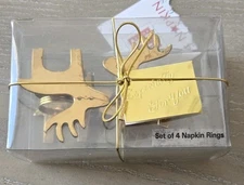 VTG Linens N Things Hammered Brass Reindeer Moose Napkin Rings Gift Set Of 4