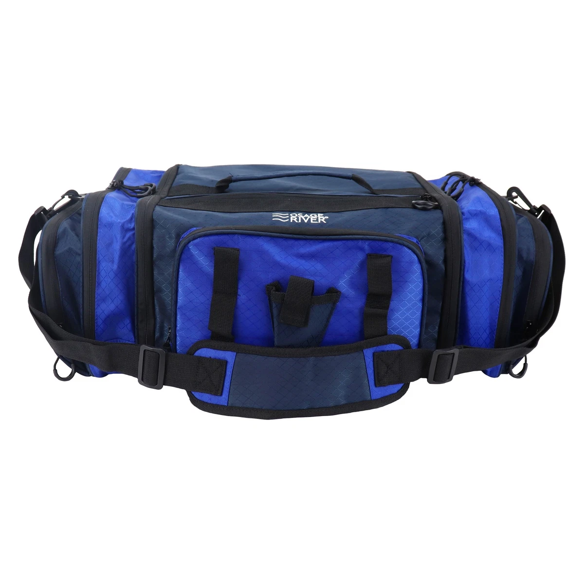 blue tackle bag with plastic zipper 100 dollars 6th Sense Large Bait Underland Peppergrass size tackle trays in main compartment Pure Crappie 3 Tray Fishermans