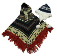Childrens Andean Wool Poncho  Lined Earflap Hat Peruvian Style Set